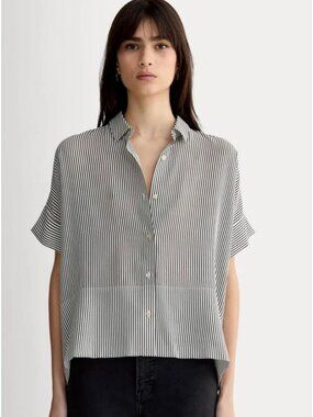 Everlane The Boxy Shirt in Washable Silk Black Micro Stripe Women's Size 16